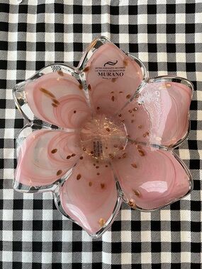 Murano Glass Pink Flower Bowl with Gold Flecks New